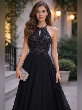 Blondie Nites Black Beaded Halter Gown juniors Size 5 fairy Prom Formal Dress